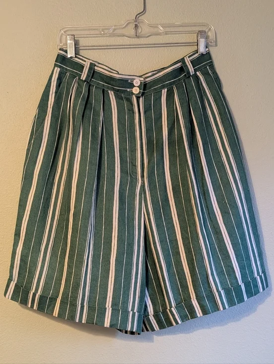 Vintage 80’s High Waist Walking Shorts Jorts 100% Linen Striped Green Ivory 12 - Picture 3 of 12